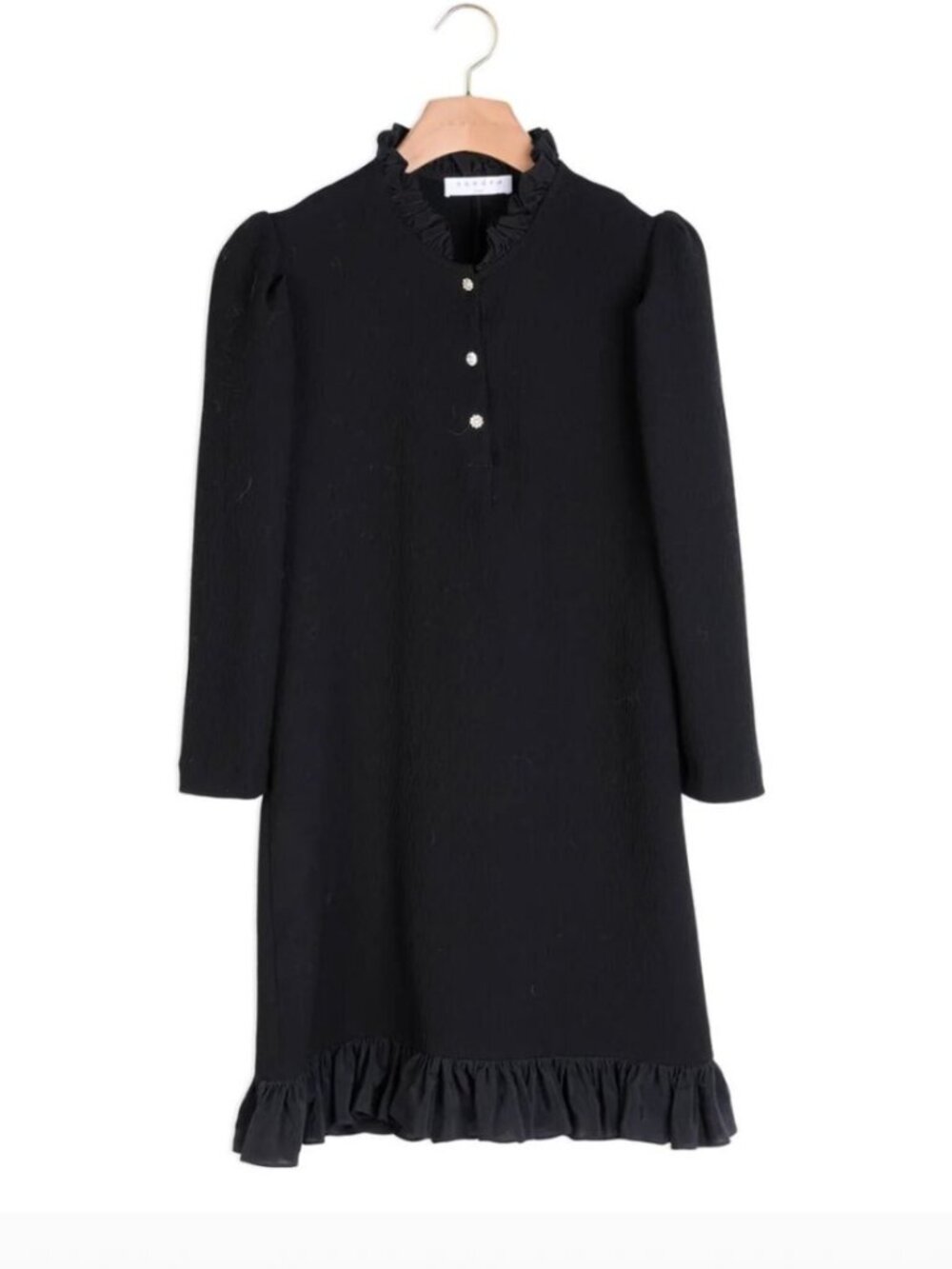 SANDRO – Short waffle dress with ruffles, jewel button closure –Black – XS